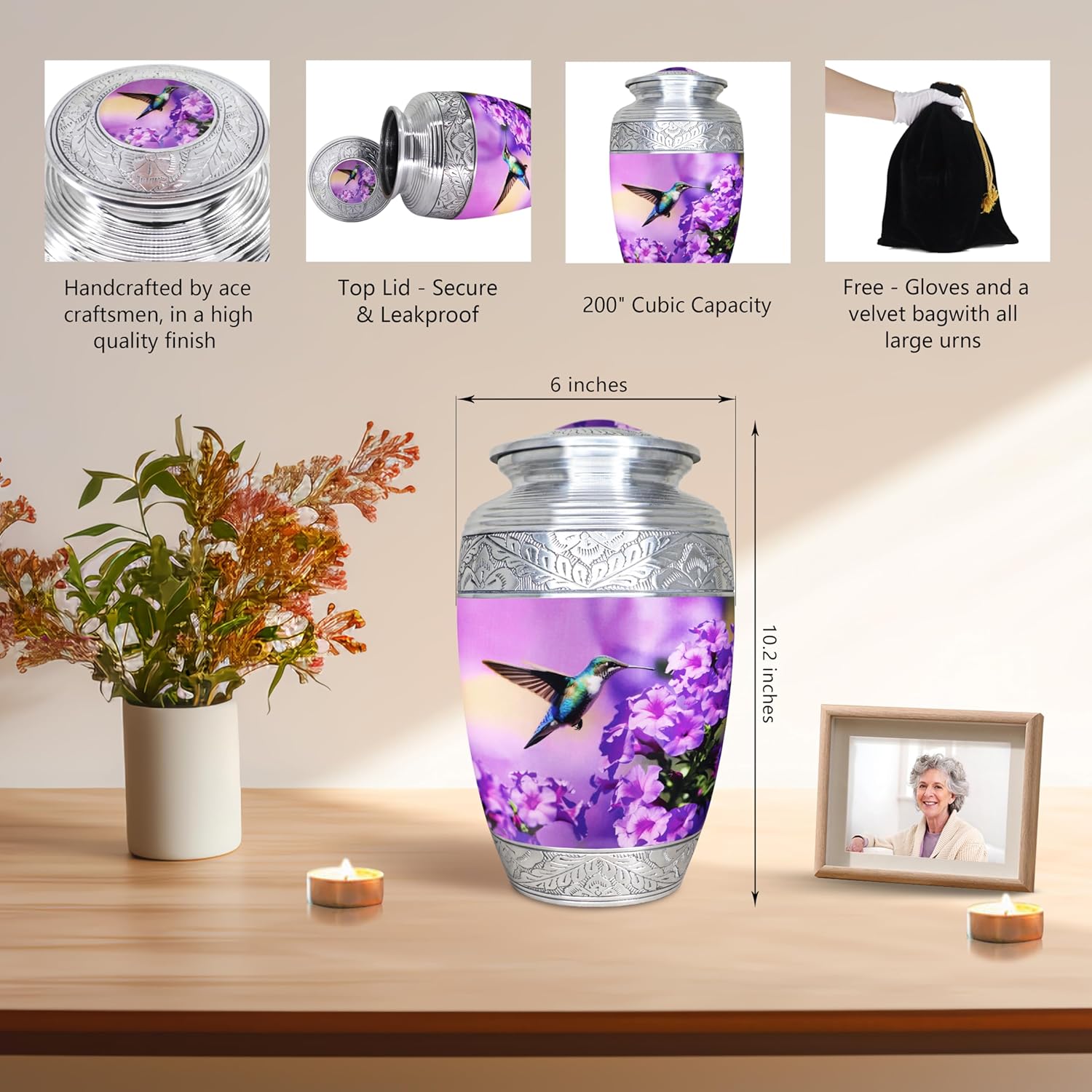 M MEILINXU Purple Hummingbird Cremation Urn