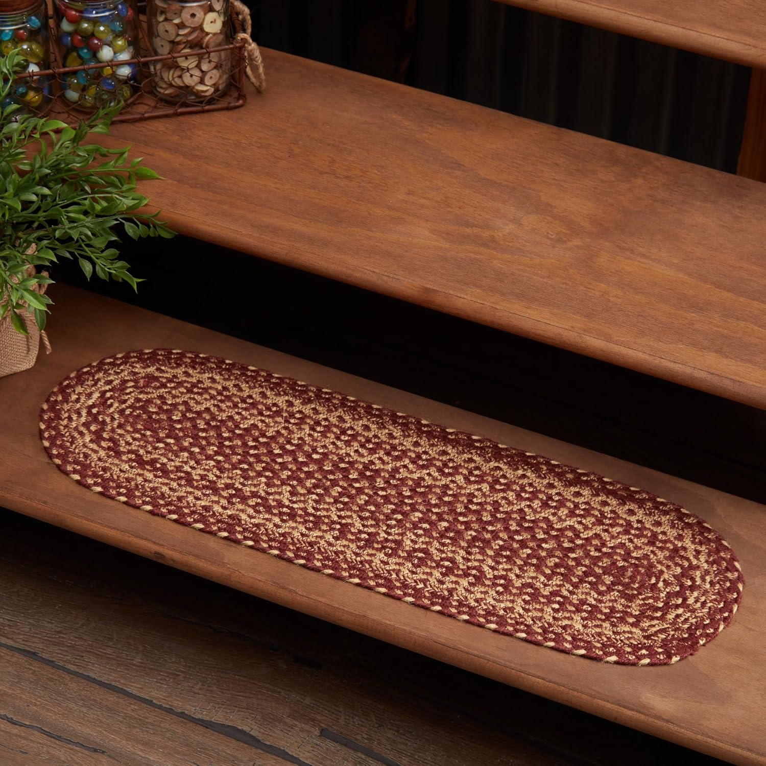 VHC Brands Burgundy Tan Jute Oval Stair Tread Non Slip