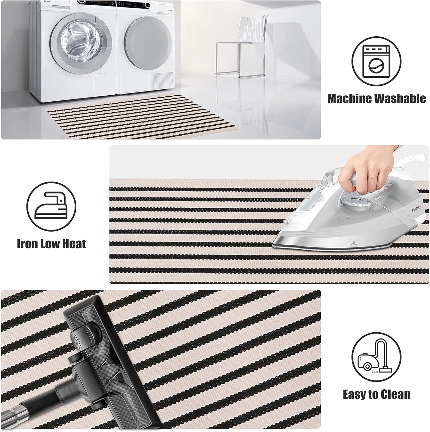 LEEVAN Black and White Striped Doormat Rug 24x35 Inch