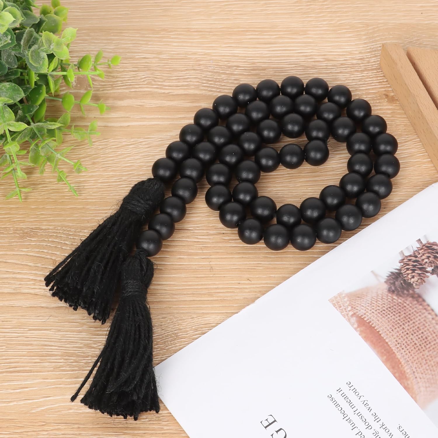 Wood Beads Garland with Tassels Black Farmhouse Decor