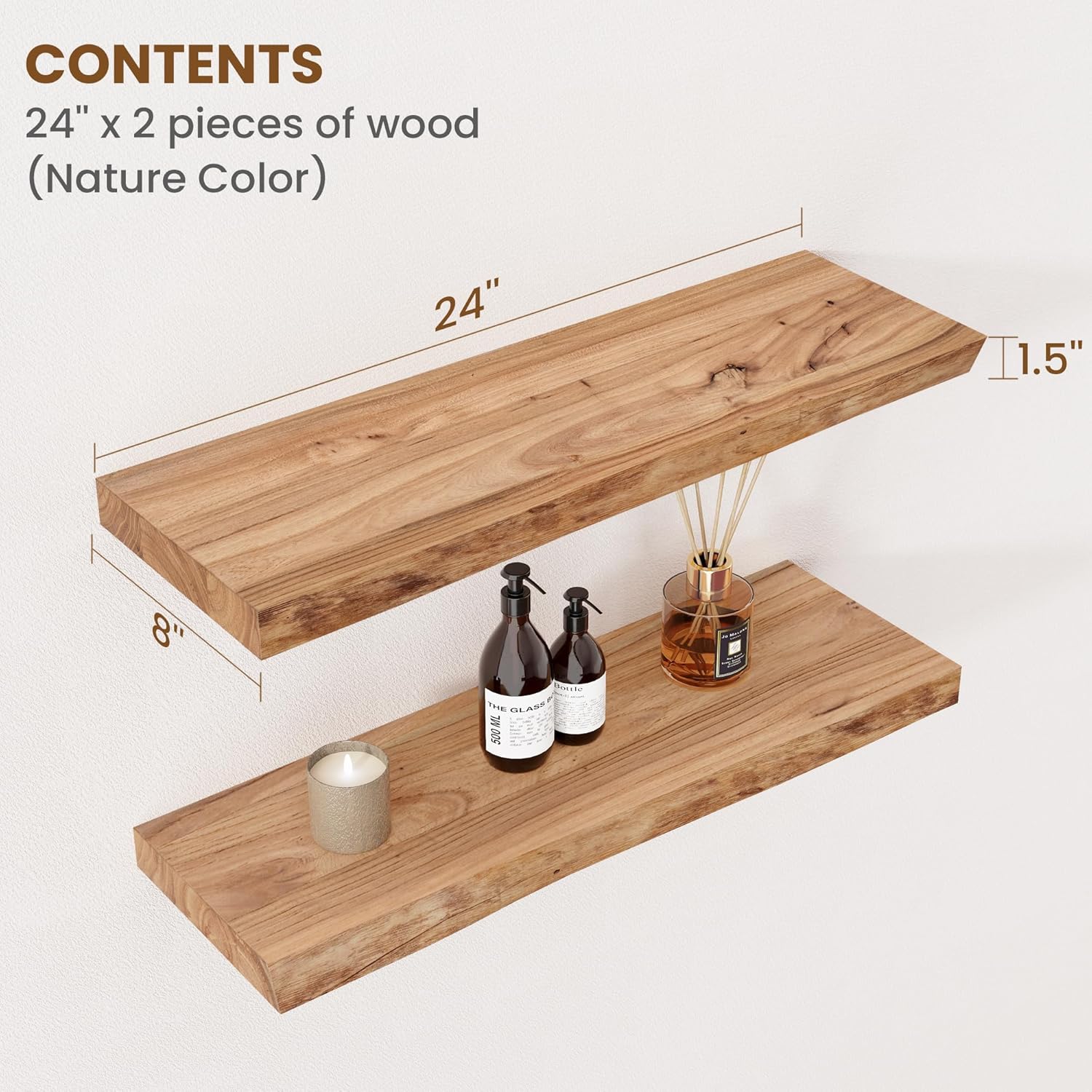 24 Inch Floating Shelves Set of 2 Natural Elm Wood