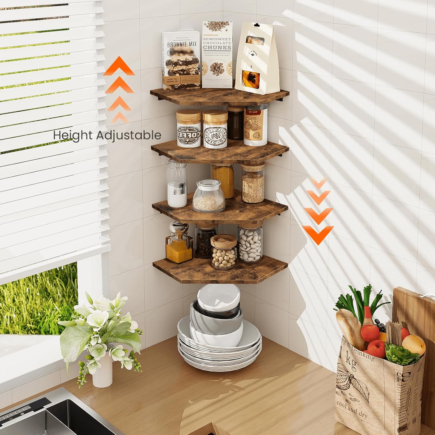 Homode Set of 4 Floating Corner Shelves Rustic Brown