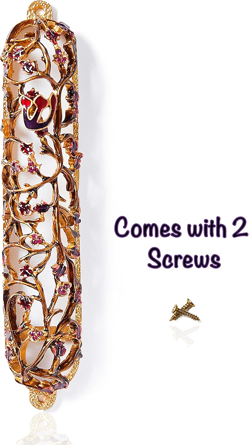 Grapes on Vine Mezuzah Case 6 Inches Gold Red