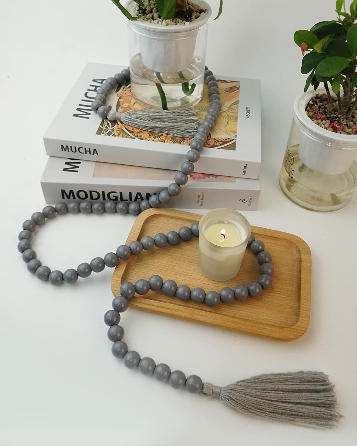 Wooden Beads Garland with Tassels 61 Inch Grey Wood Bead Garland