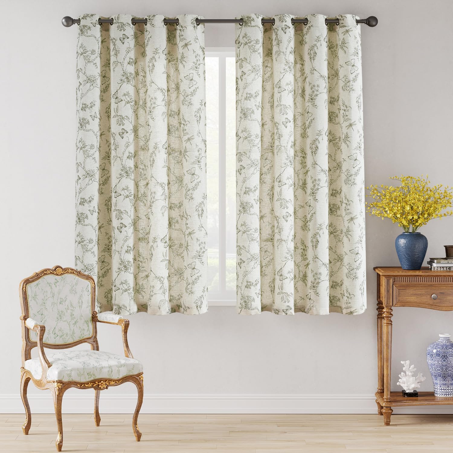 Lazzzy Linen Curtains Green Floral 2 Panels 63 Inch Grommet Top