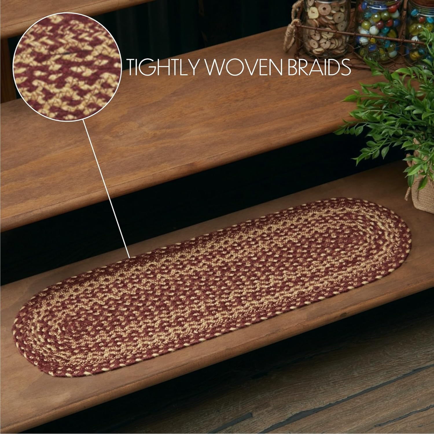 VHC Brands Burgundy Tan Jute Oval Stair Tread Non Slip