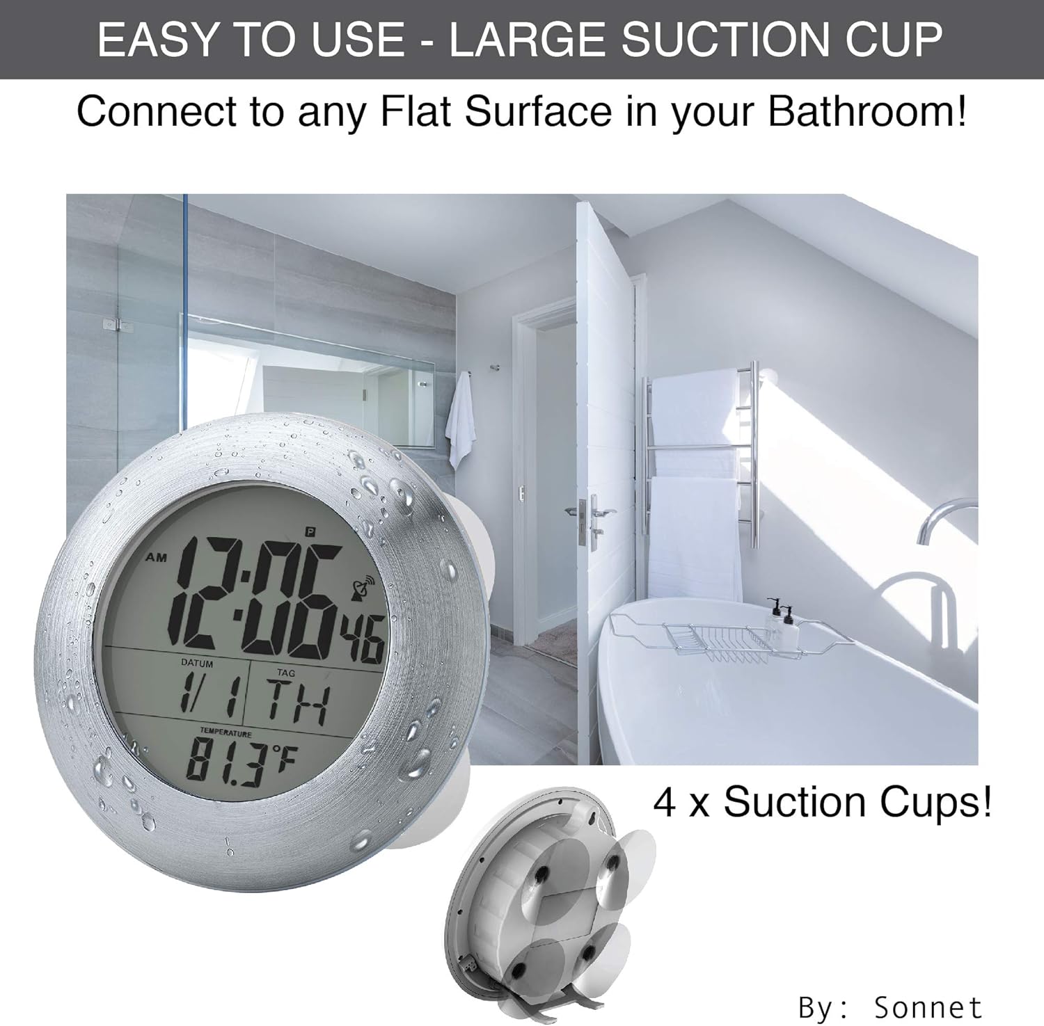 Ken-Tech Sonnet Shower Clock - Digital Time Date Day Temp Display