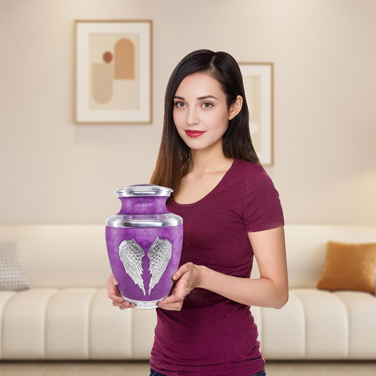 Purple Wings of Love Cremation Urn - Large Silver Engraved