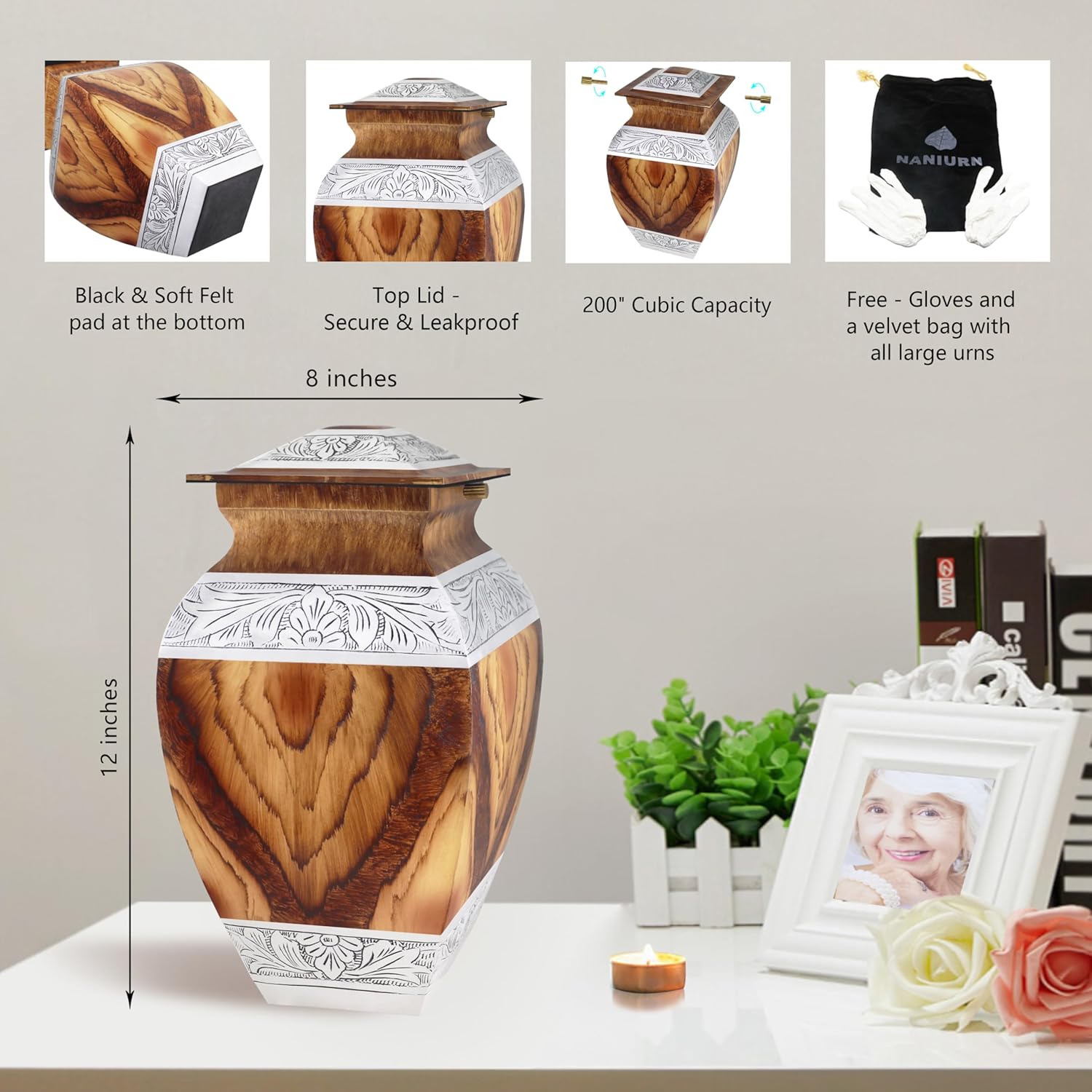 Naniurn Elegant Cremation Urn with Brown Wood Texture and Silver Engraving