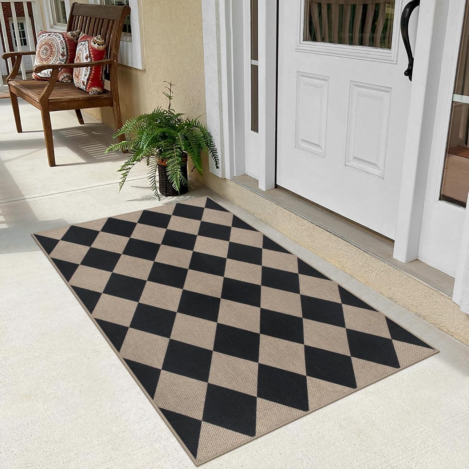 Easy Jute Checkered Entryway Rug Modern Non-Slip Indoor Outdoor Mat