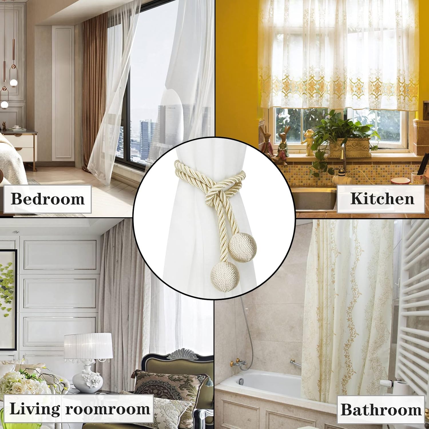Modern Outdoor Curtain Tiebacks in Beige Set of 2