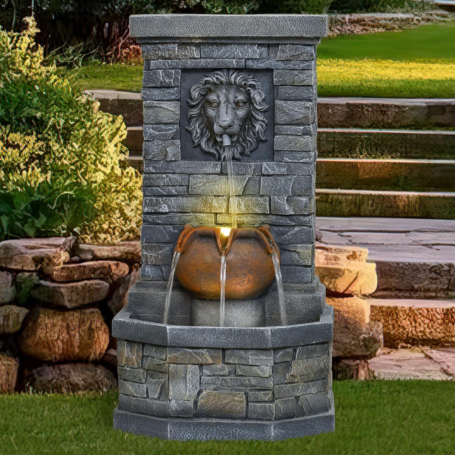 3228 Outdoor Lion Head Water Fountain with Lights