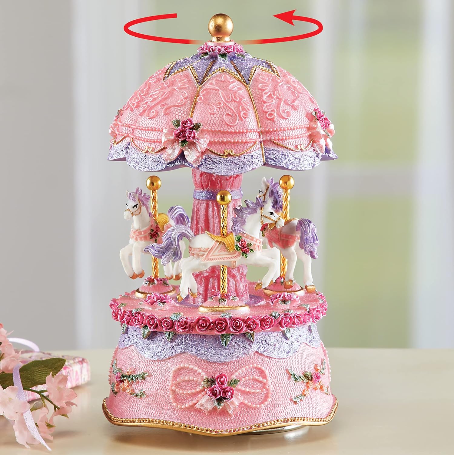 Collections Etc Pink Ceramic Carousel Music Box with Golden Accents 1