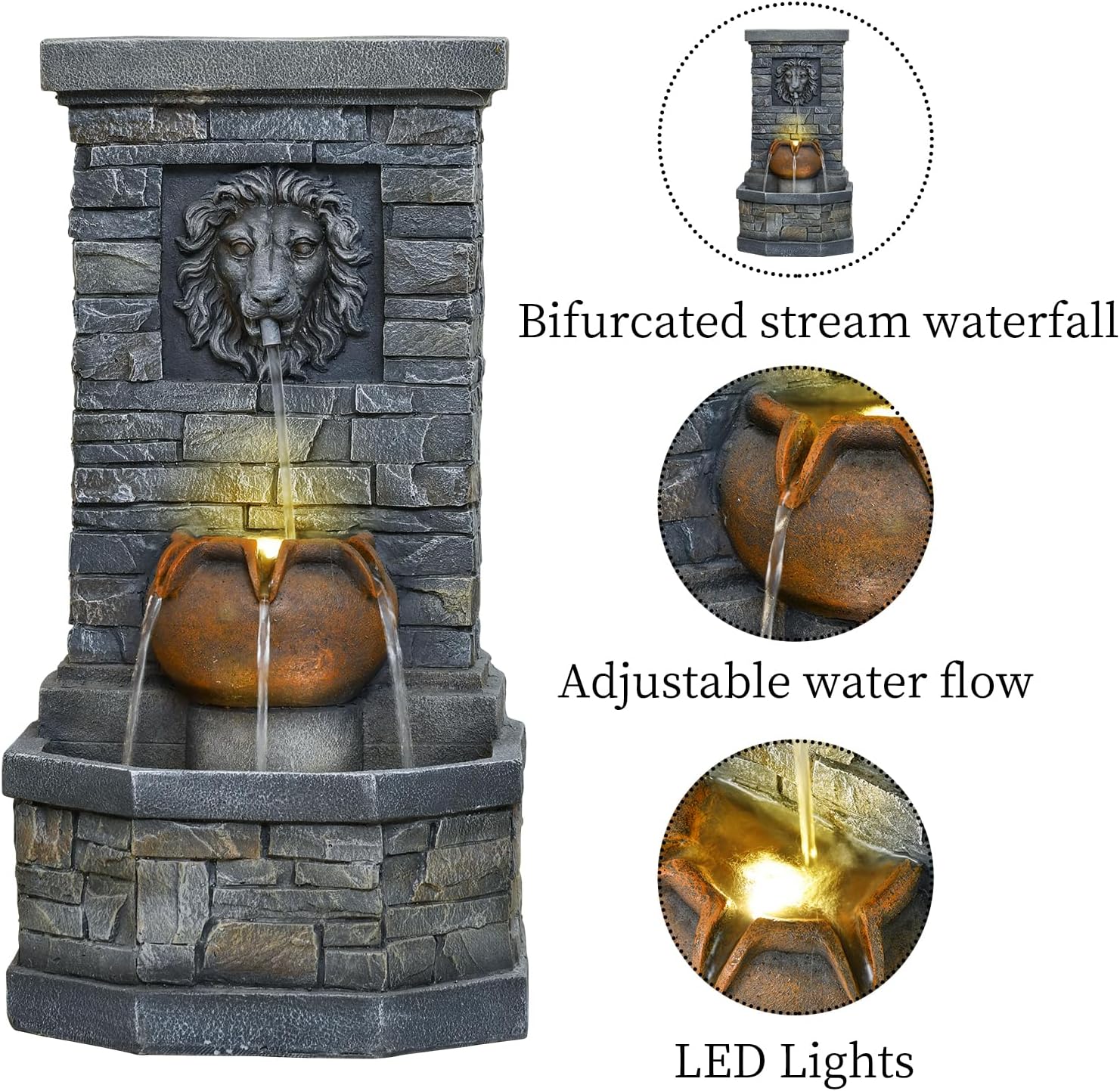 3228 Outdoor Lion Head Water Fountain with Lights