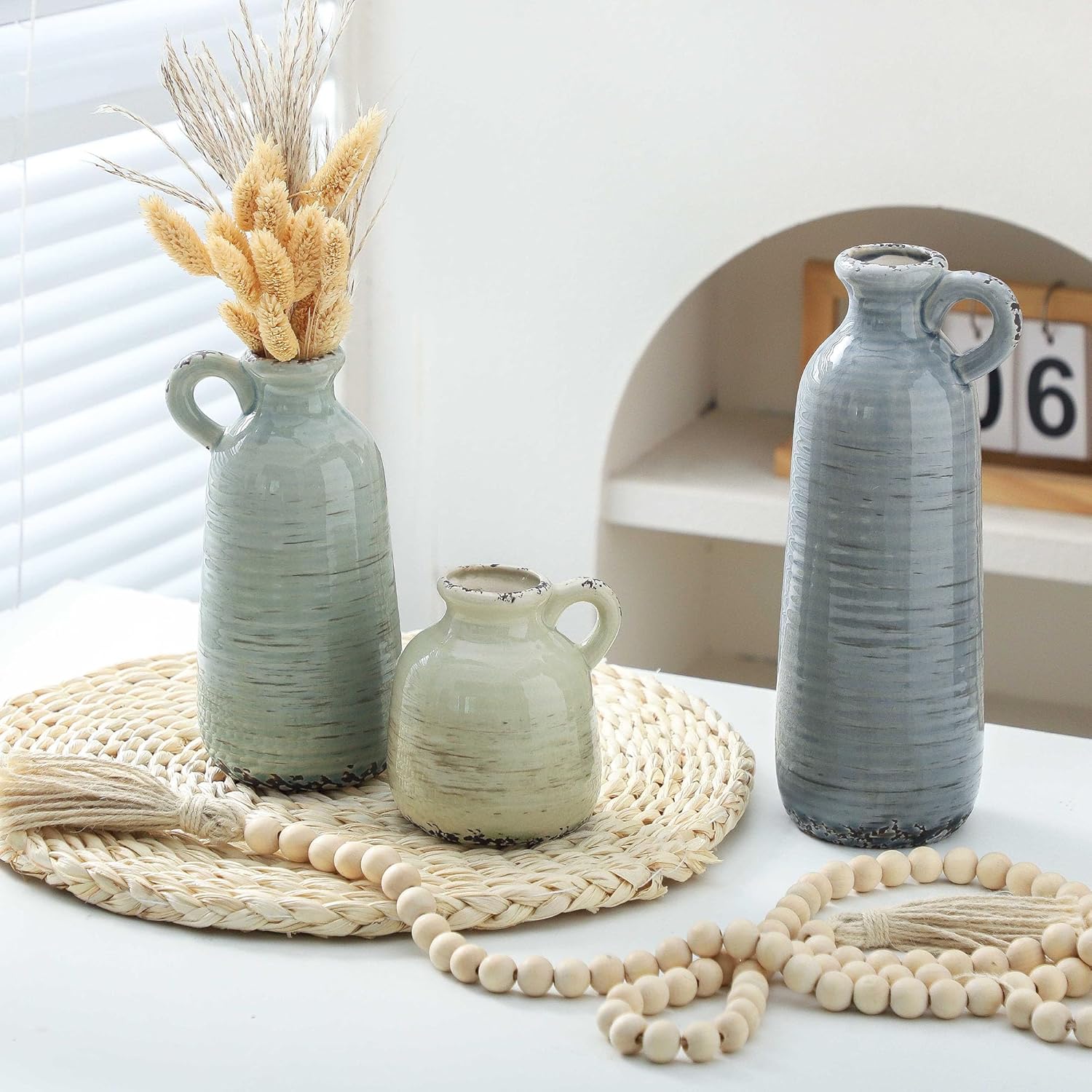 Ceramic Vase Set of 3 Neutral Home Decor with Handle