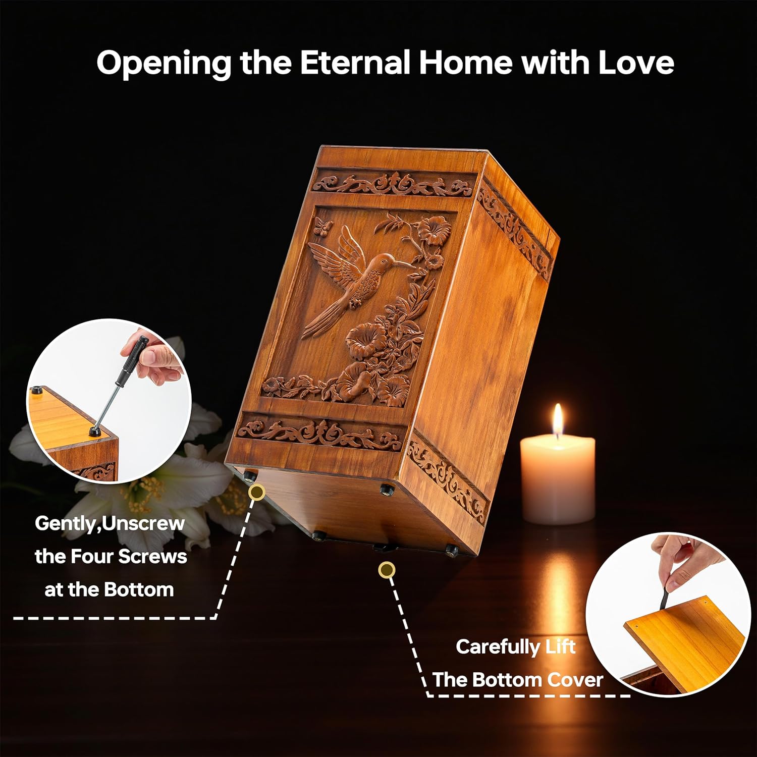 Lunirith Wooden Hummingbird Urn for Human Ashes - 250 lbs Capacity