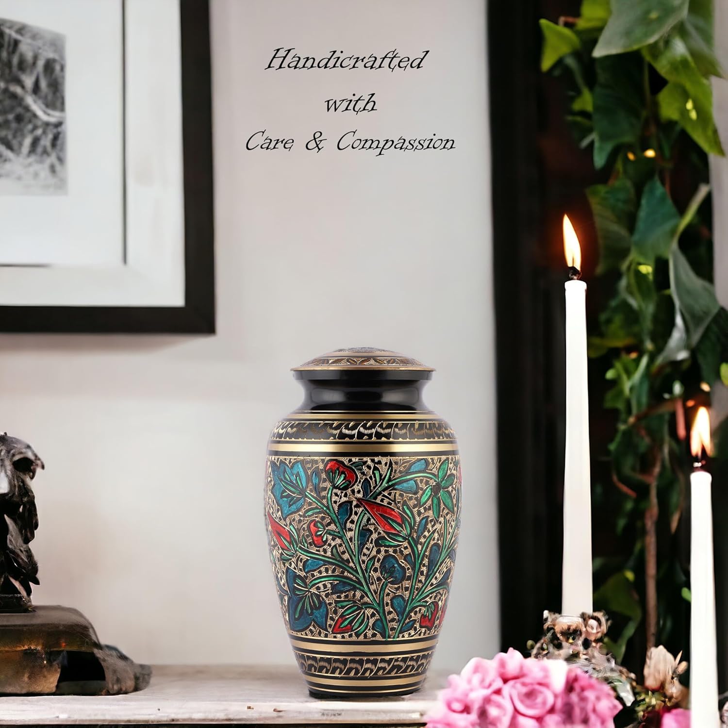 Brass Hand-Painted Urn for Adult Ashes Large Capacity