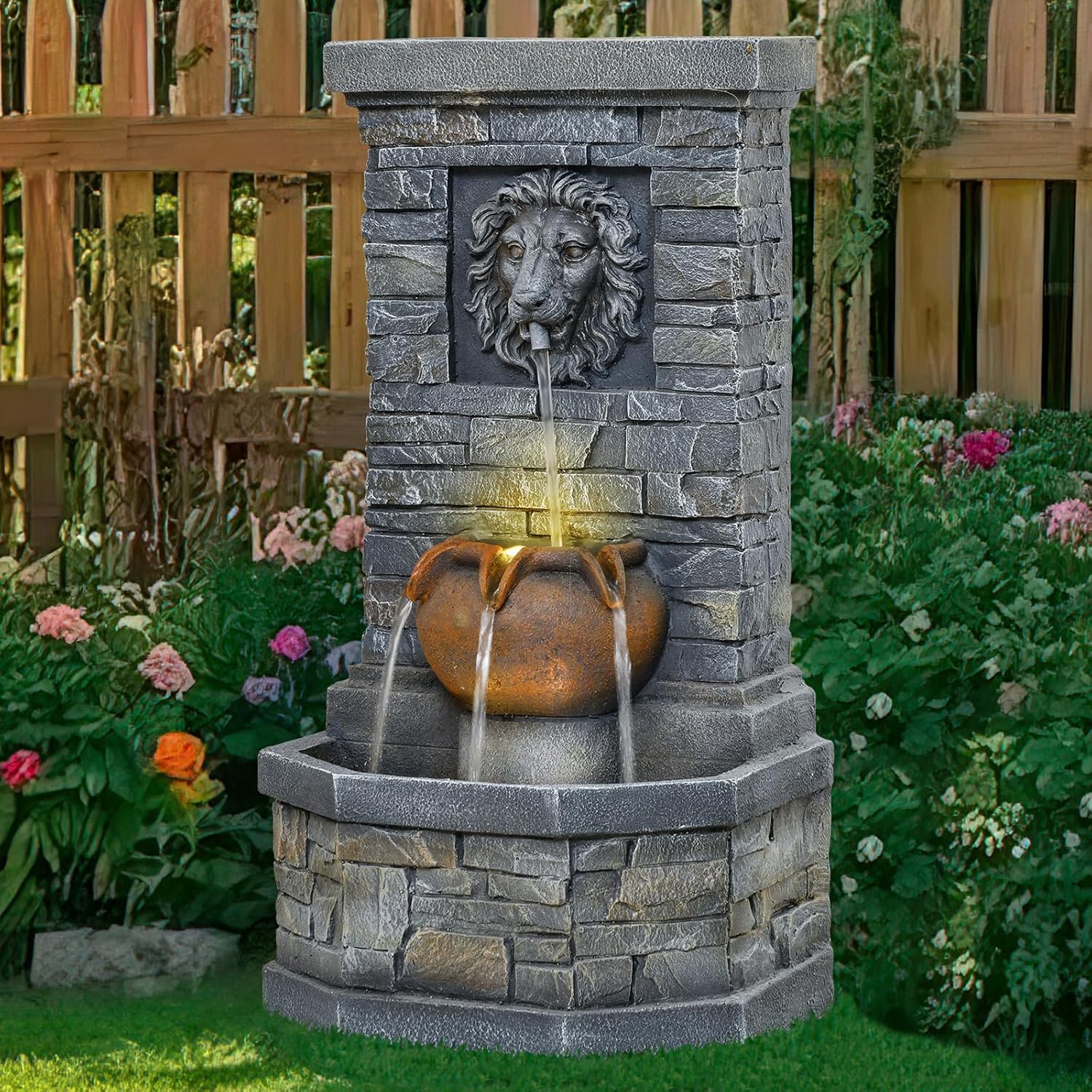 3228 Outdoor Lion Head Water Fountain with Lights