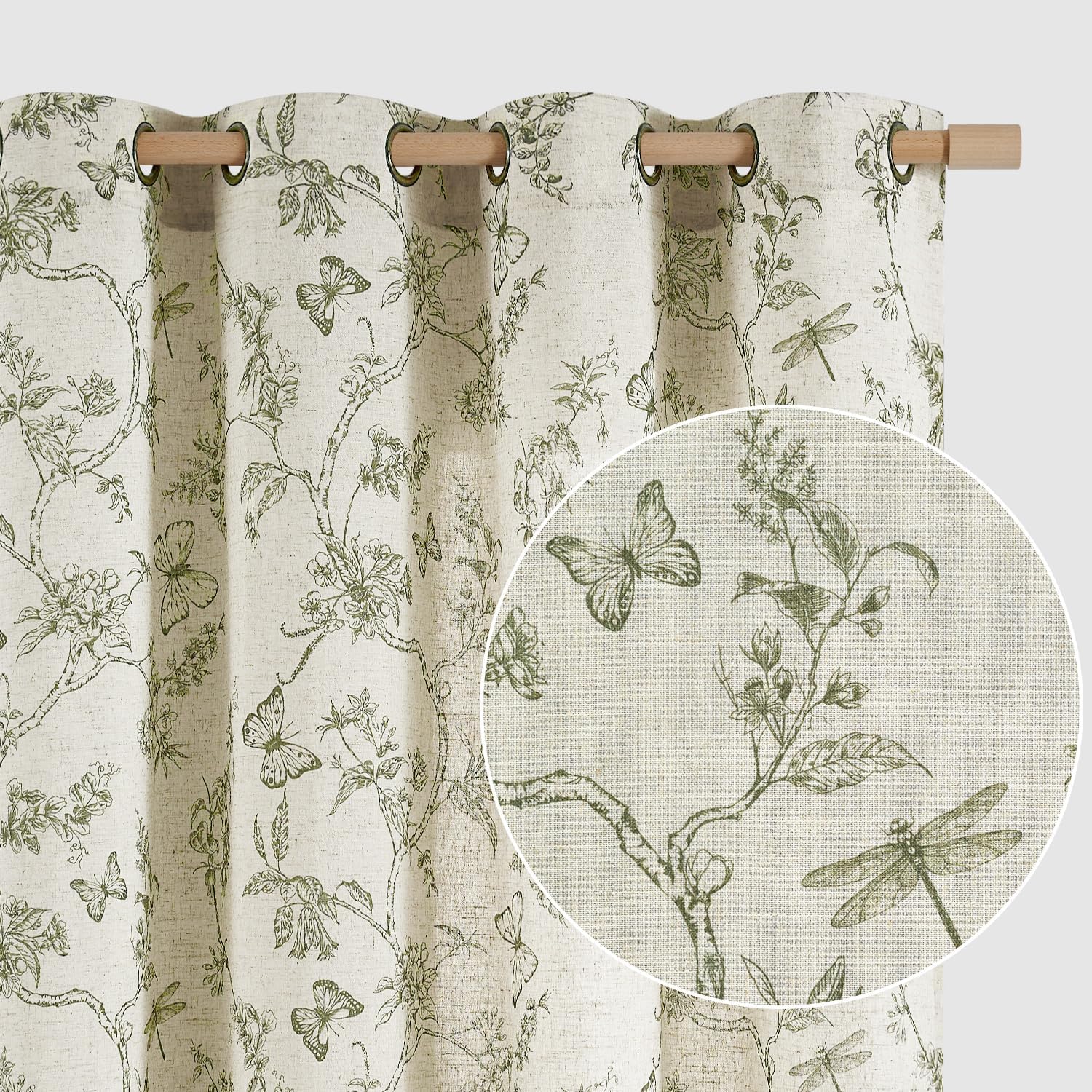 Lazzzy Linen Curtains Green Floral 2 Panels 63 Inch Grommet Top