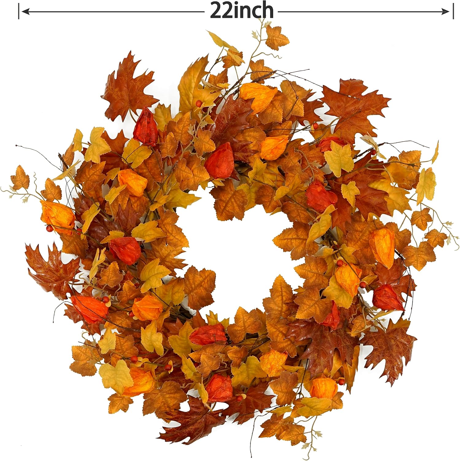 22 Inch Artificial Fall Wreath with Cape Gooseberry and Maple Leaves