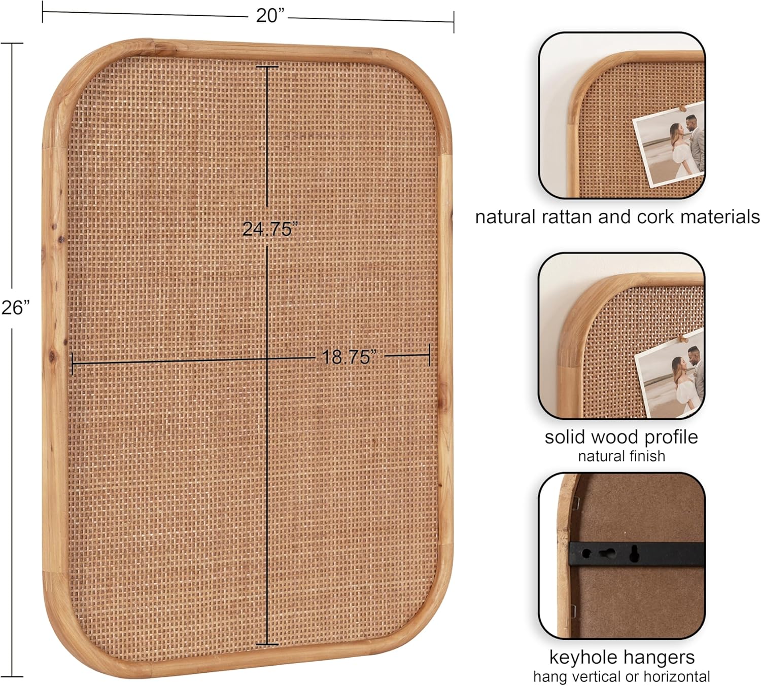 Kate and Laurel Rattan Wall Pinboard 20x26 Natural Wood Boho