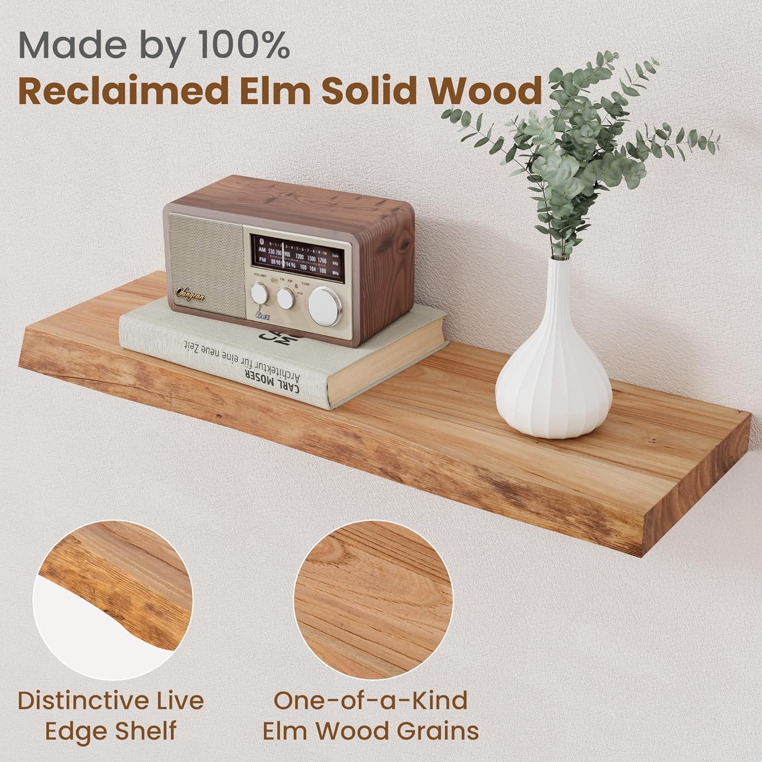 24 Inch Floating Shelves Set of 2 Natural Elm Wood