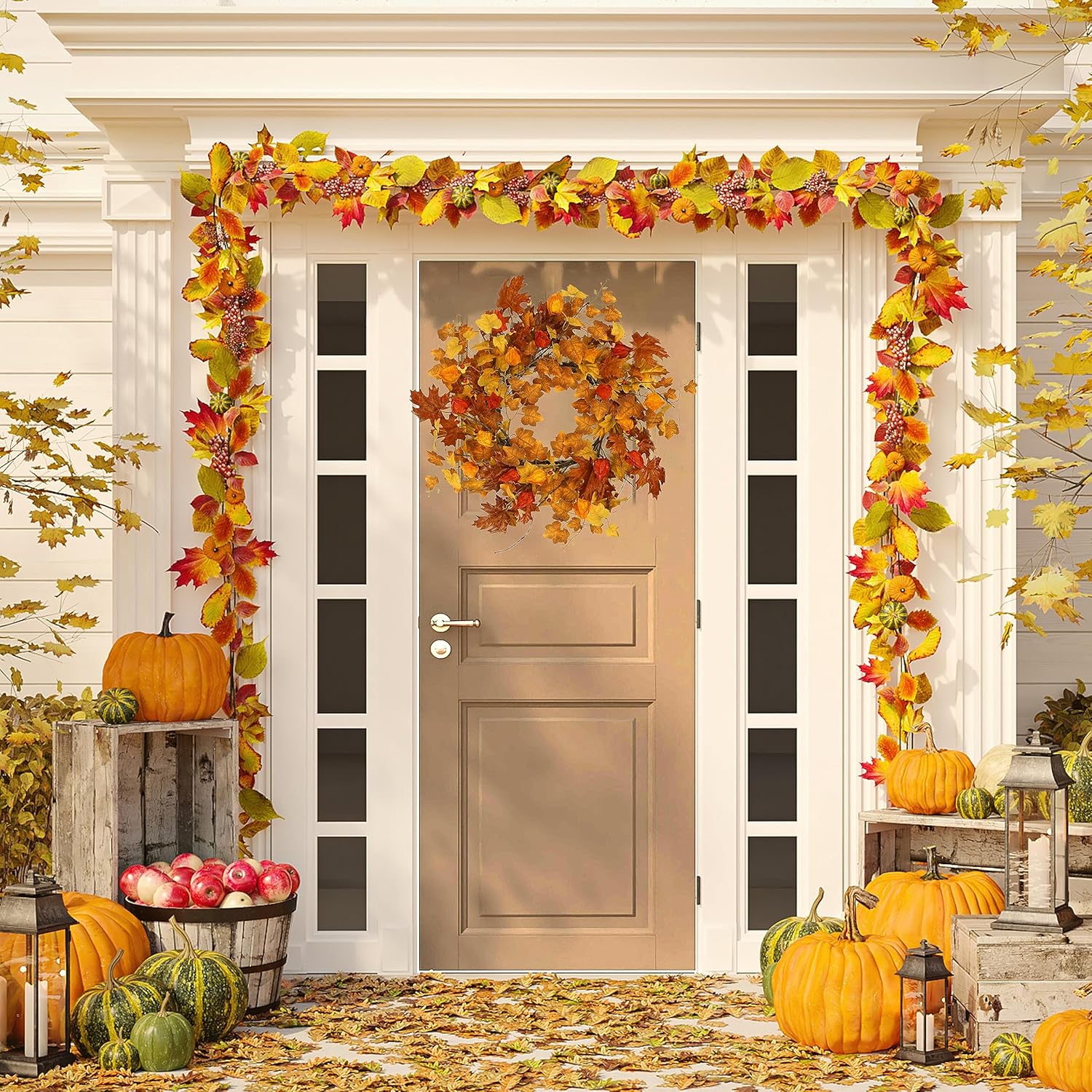 22 Inch Artificial Fall Wreath with Cape Gooseberry and Maple Leaves