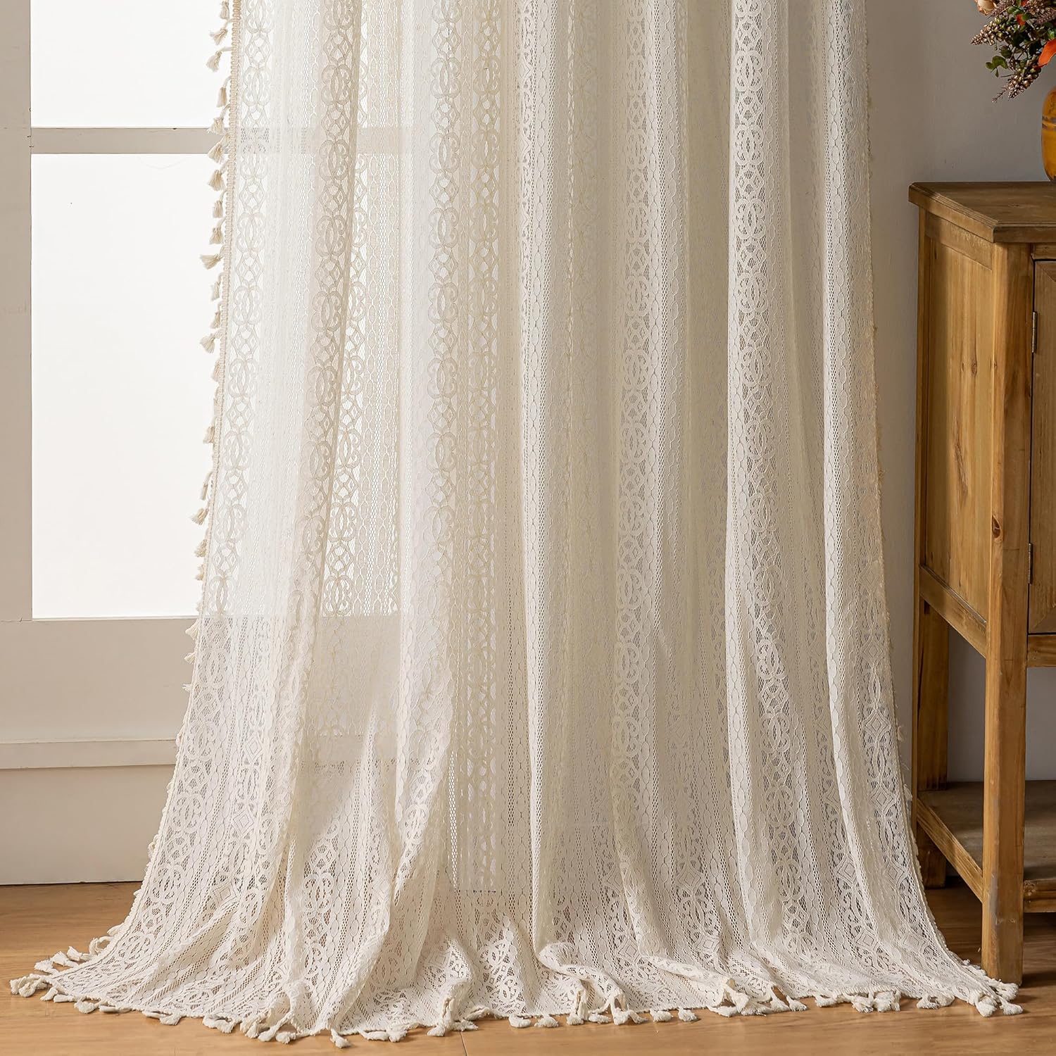 Boho Lace Curtains 96 Inch Long 2 Panel Set Beige