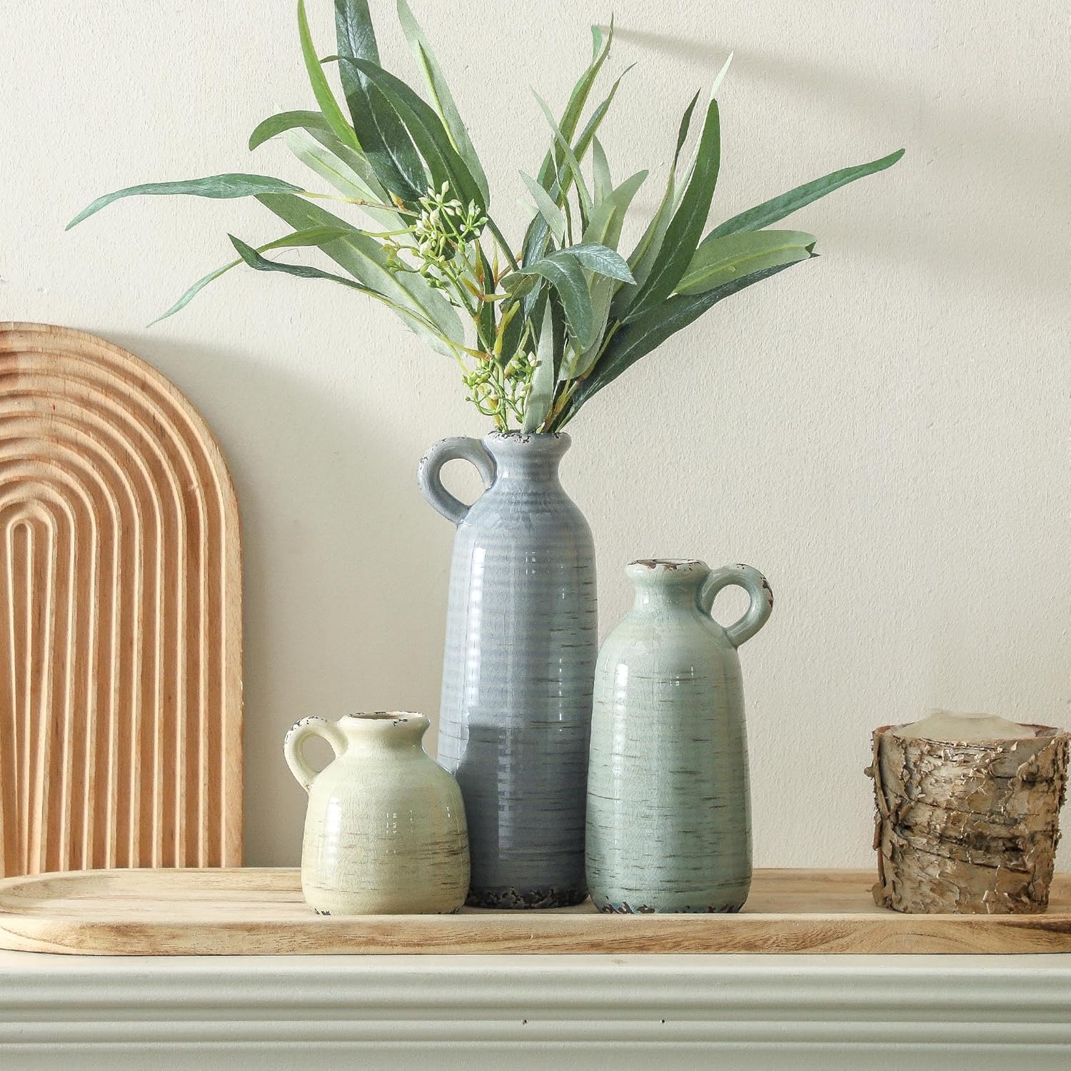 Ceramic Vase Set of 3 Neutral Home Decor with Handle