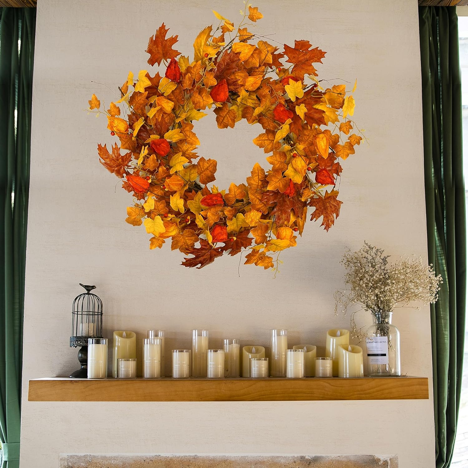 22 Inch Artificial Fall Wreath with Cape Gooseberry and Maple Leaves