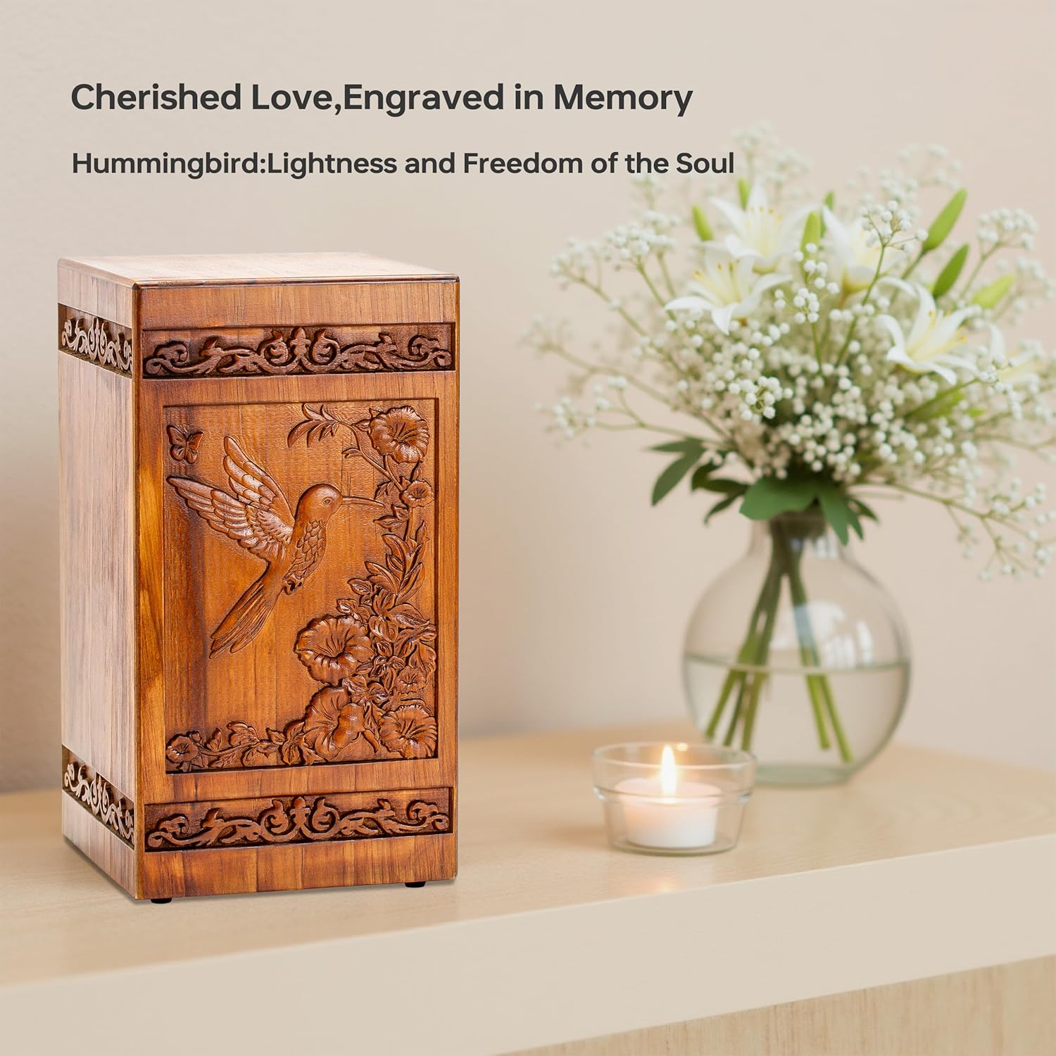 Lunirith Wooden Hummingbird Urn for Human Ashes - 250 lbs Capacity