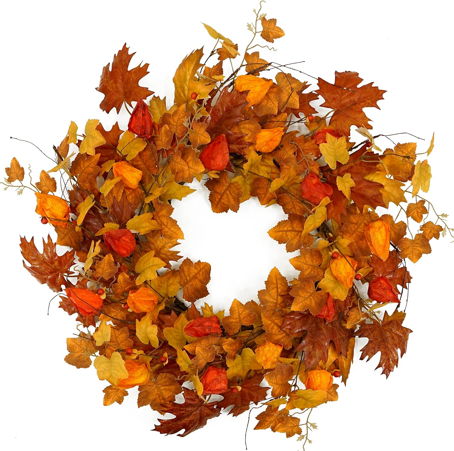 22 Inch Artificial Fall Wreath with Cape Gooseberry and Maple Leaves