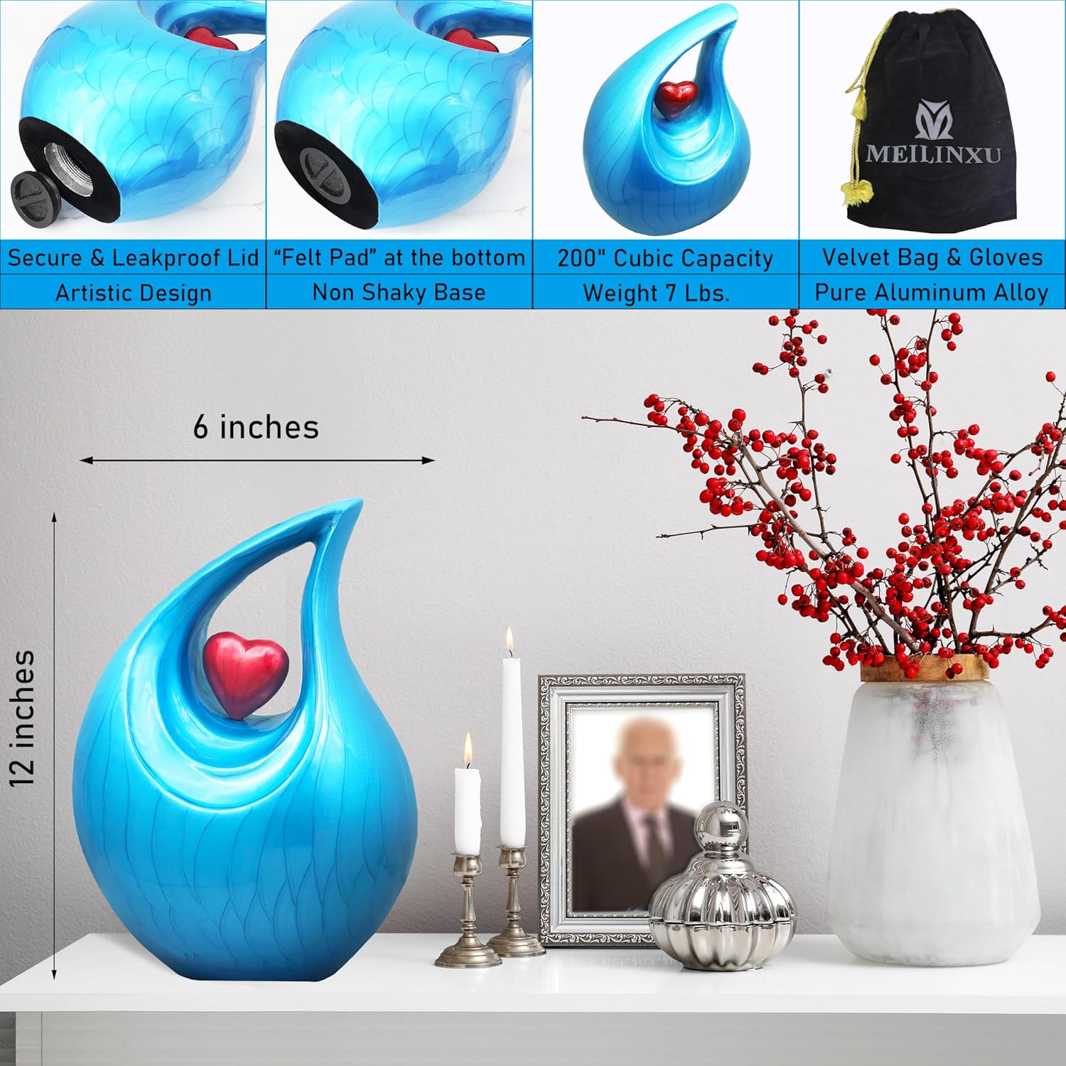 M Meilin Xu Teardrop Cremation Urn Large Red Heart