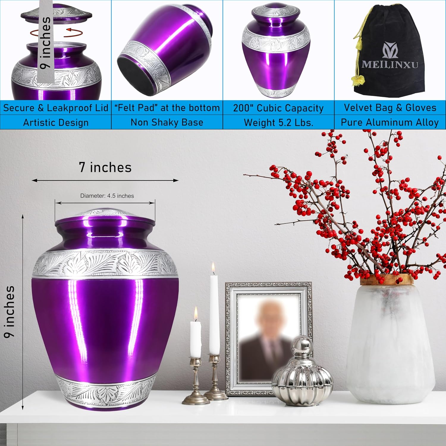 M MEILINXU Purple Large Personalized Urn for Human Ashes