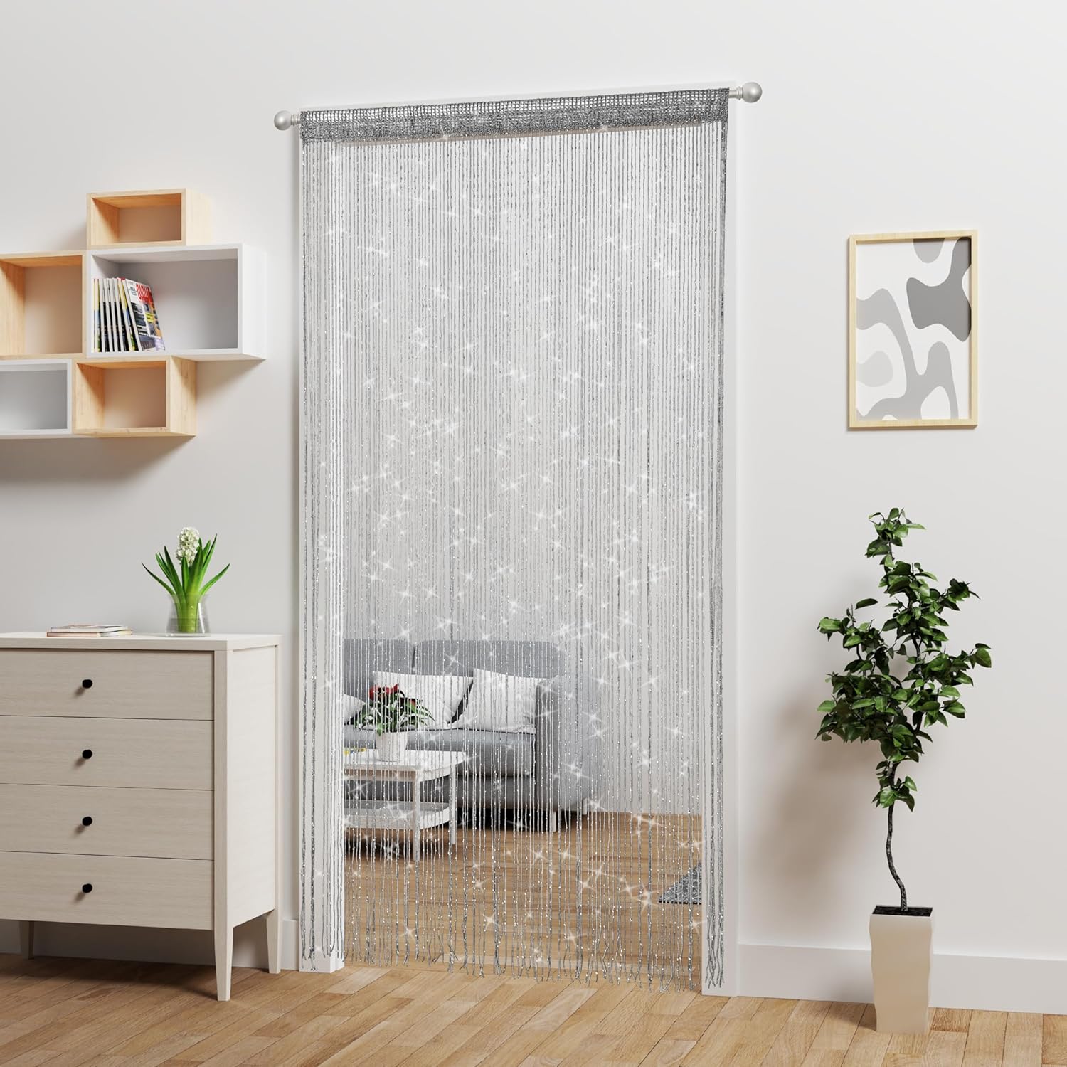 Silver Lurex Beaded Curtain Panel for Doorway Decor