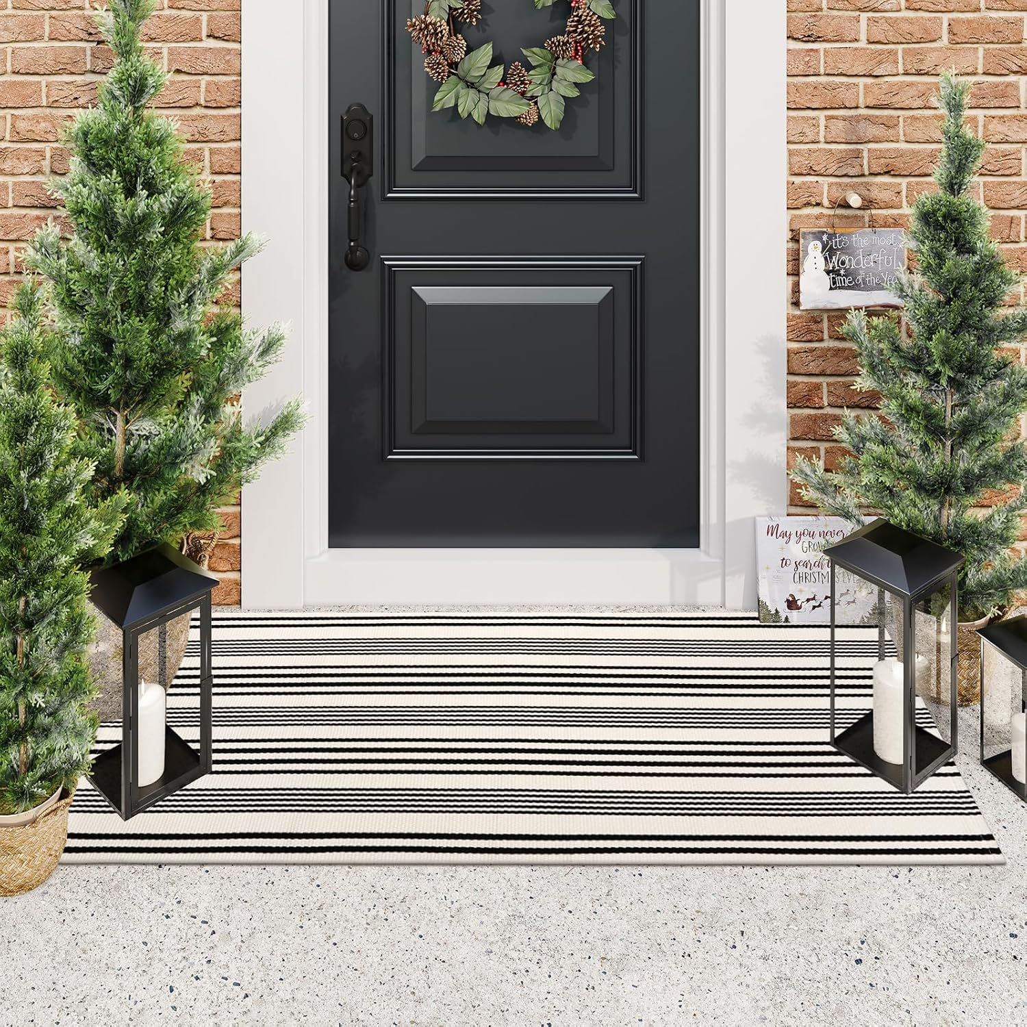 LEEVAN Black and White Striped Outdoor Rug 2 x 43