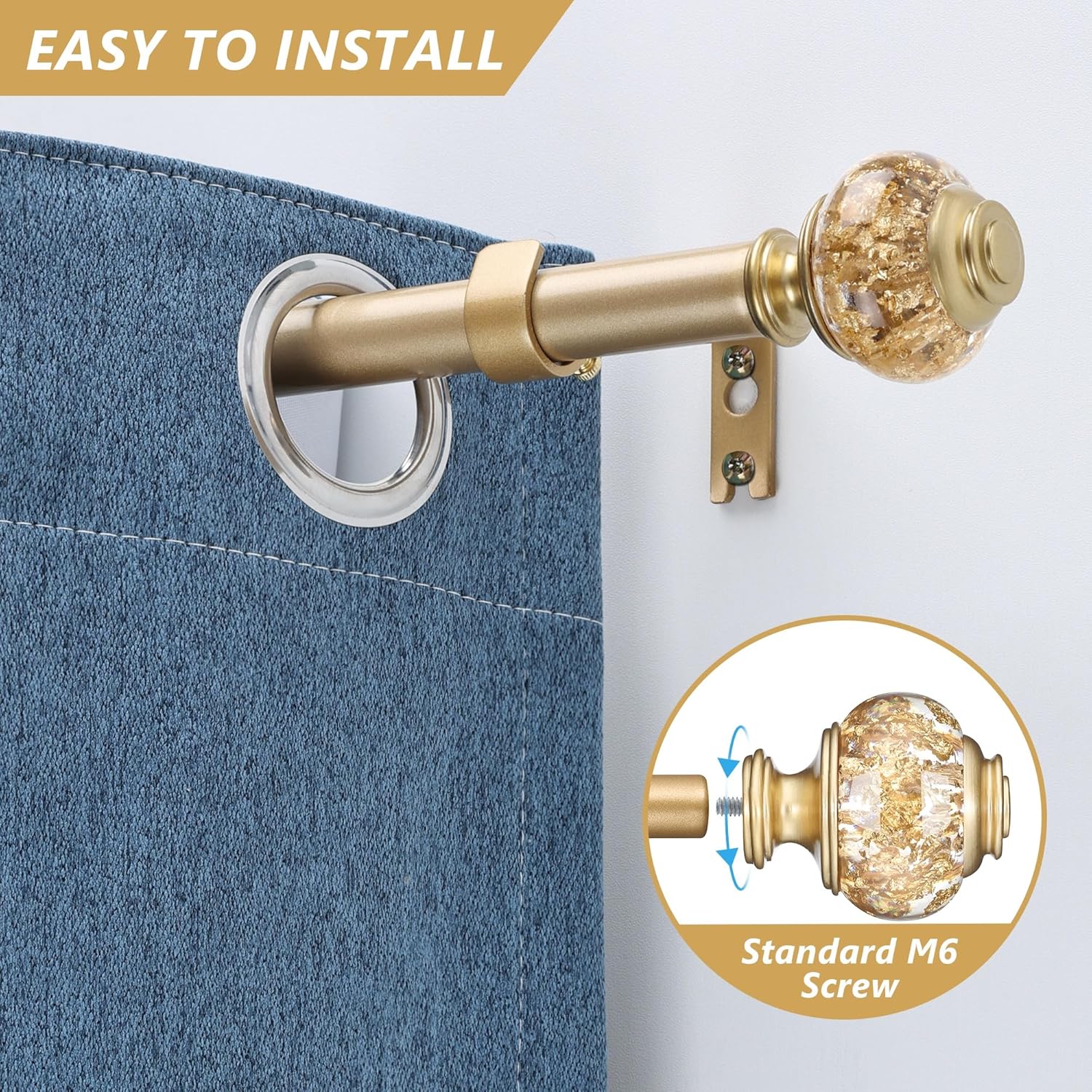 Adjustable Gold Curtain Rods 28-48 Inch Single Rod Set