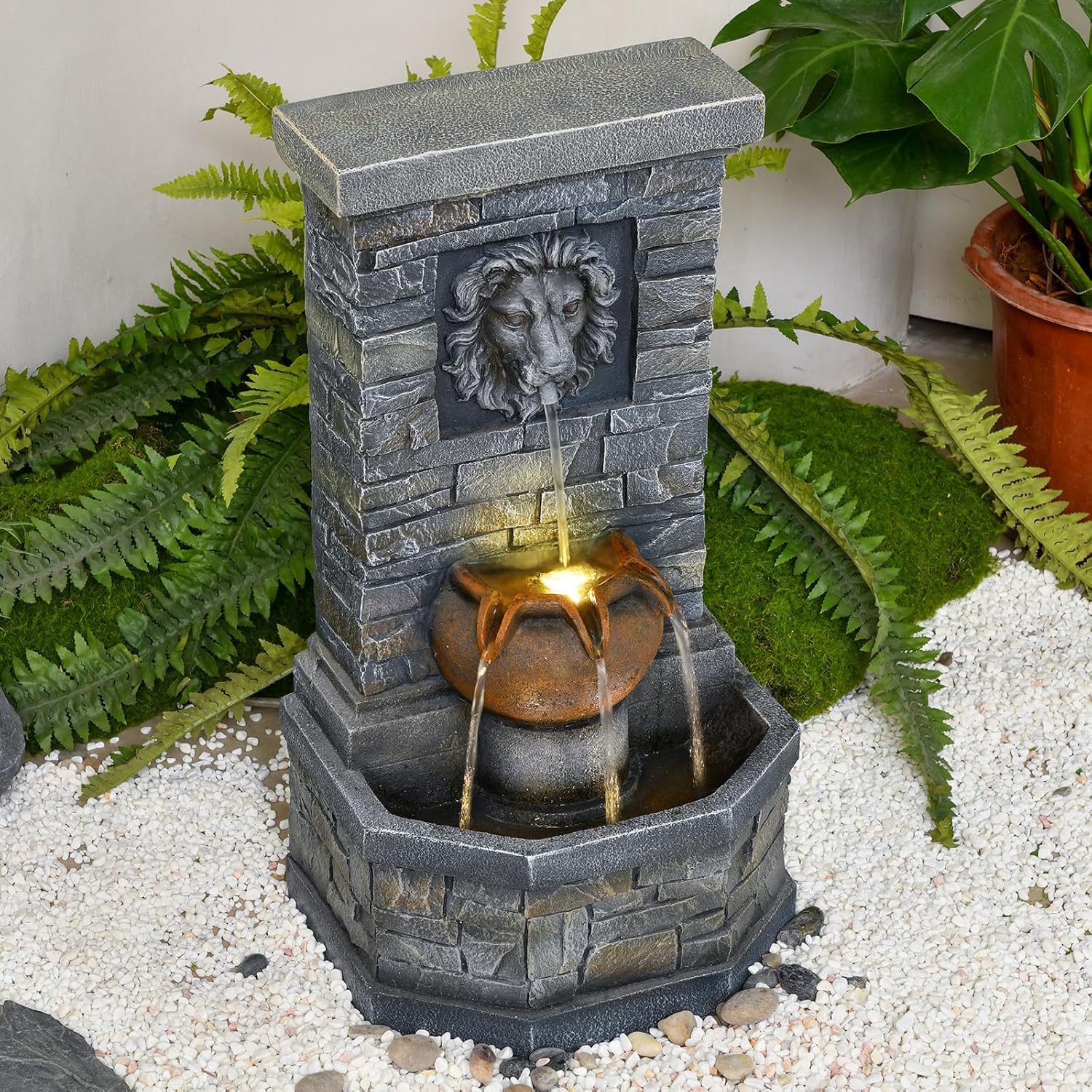 3228 Outdoor Lion Head Water Fountain with Lights