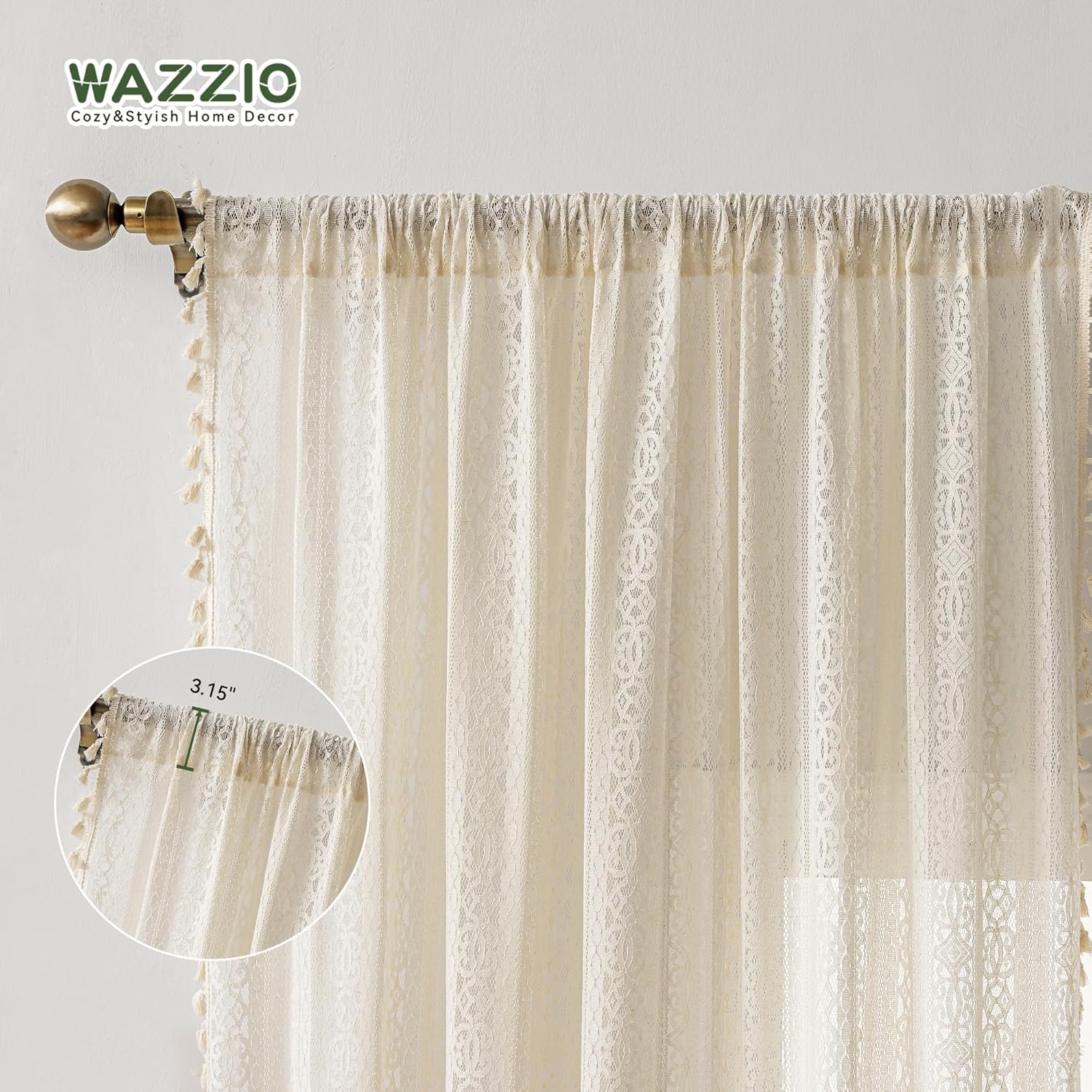 Boho Lace Curtains 96 Inch Long 2 Panel Set Beige