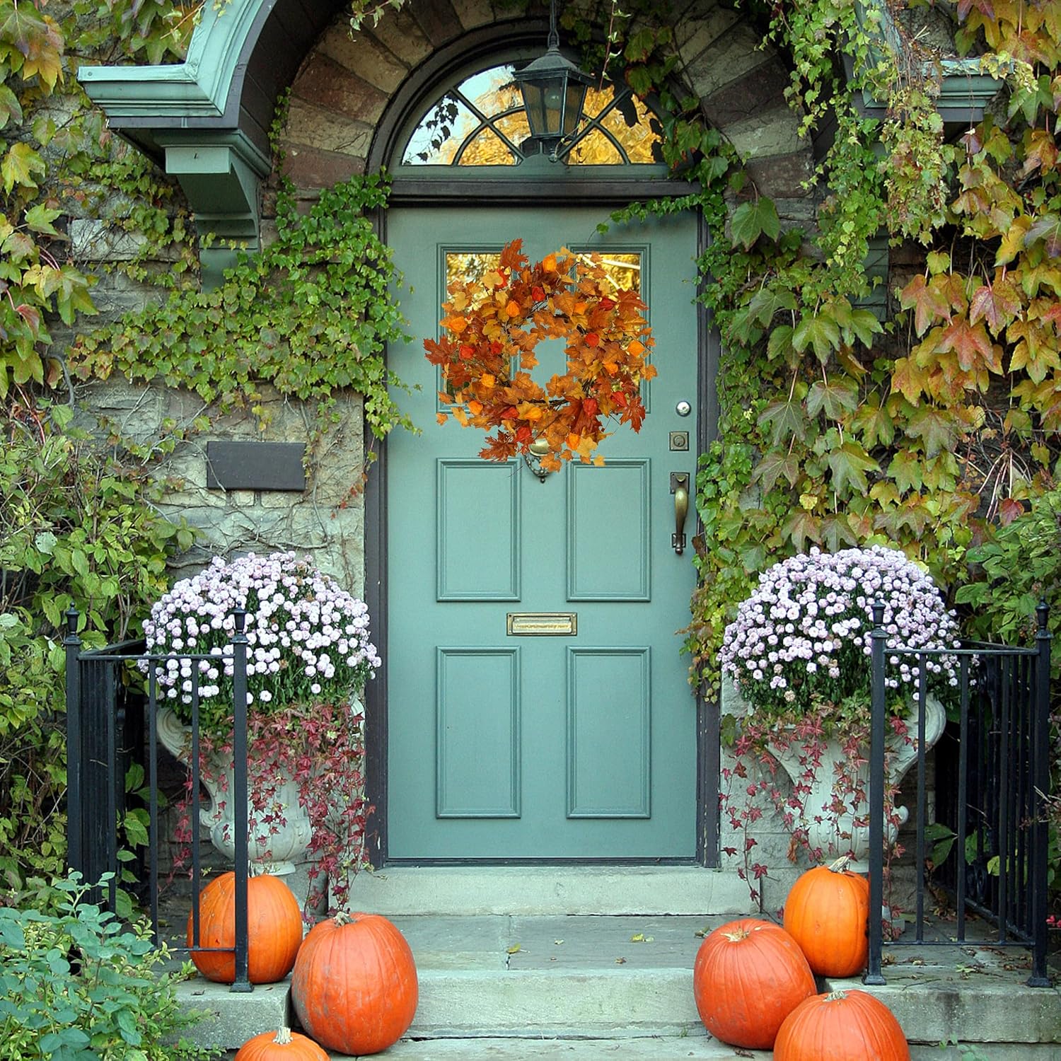 22 Inch Artificial Fall Wreath with Cape Gooseberry and Maple Leaves