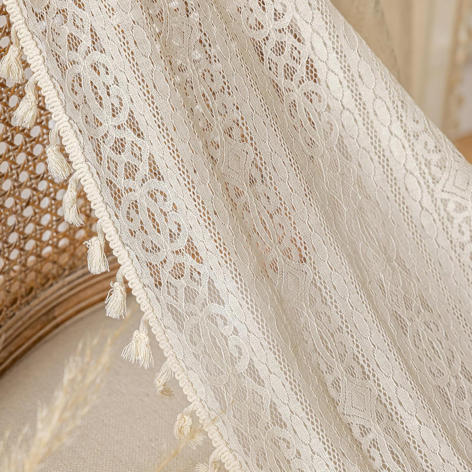 Boho Lace Curtains 96 Inch Long 2 Panel Set Beige