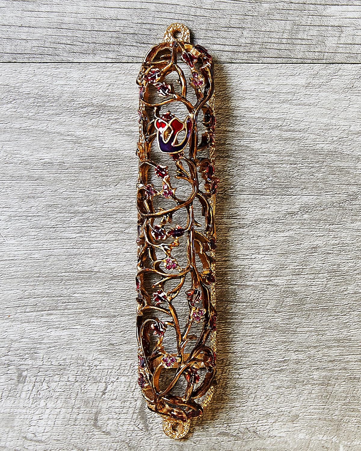 Grapes on Vine Mezuzah Case 6 Inches Gold Red