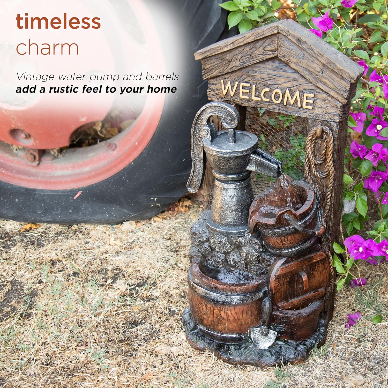 Alpine ZEN576S 24 Inch Floor Water Pump Fountain with Rustic Design Brown