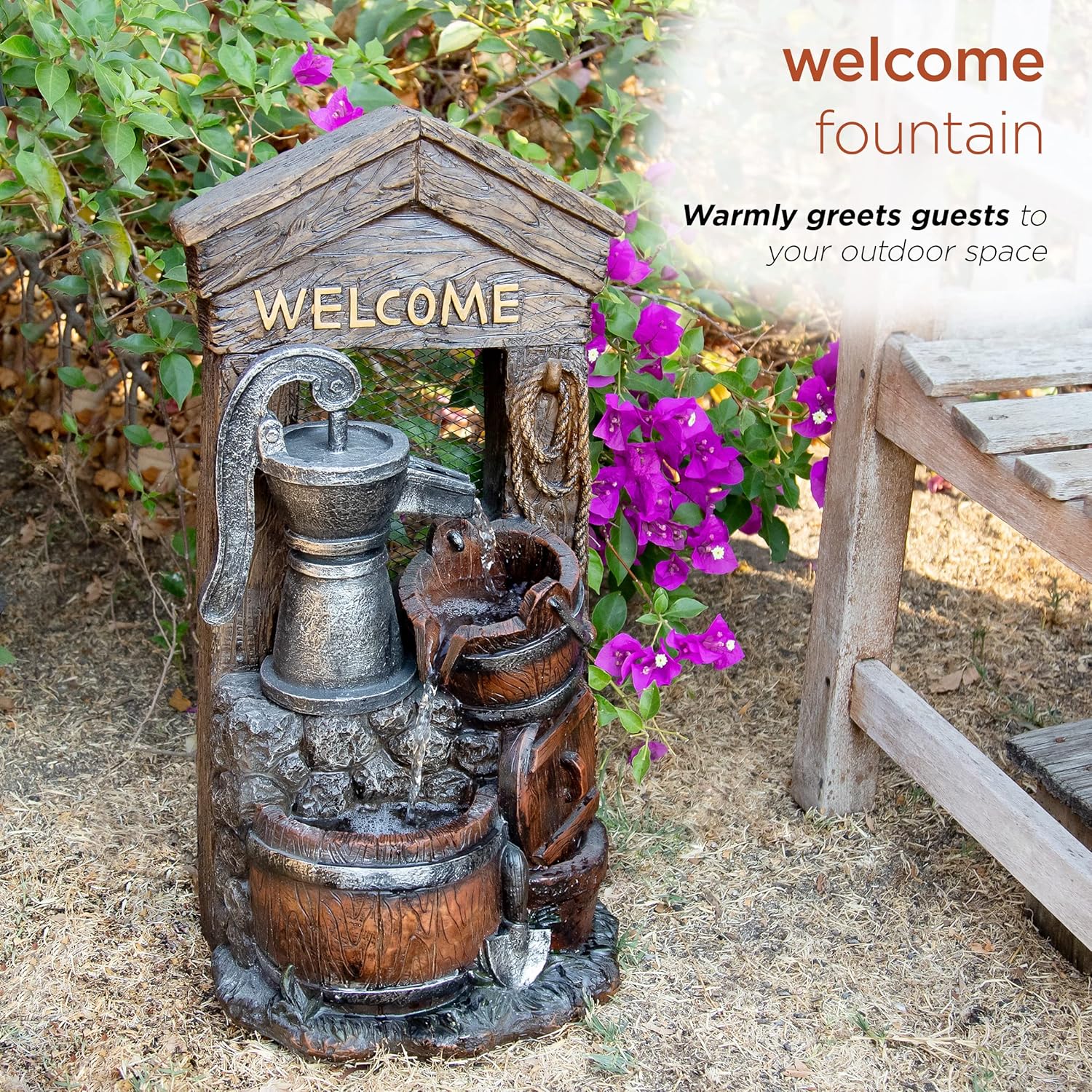 Alpine ZEN576S 24 Inch Floor Water Pump Fountain with Rustic Design Brown