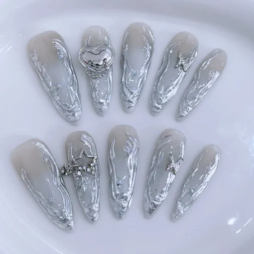 Long Almond Handmade Press On Nails Y2k Gradient Silver